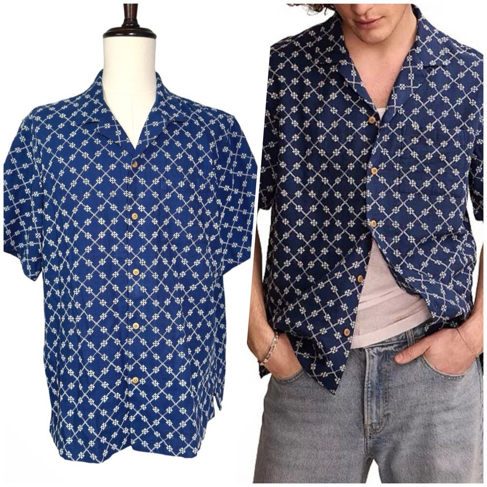 Lucky Brand | Men | Navy Blue White Eyelet Camp Collar SS Button Up Shirt | XL